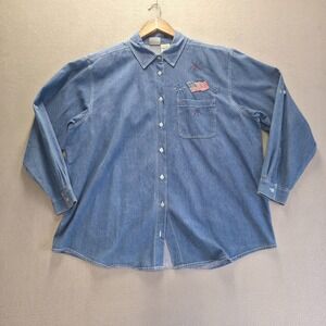 Capacity Women's Patriotic Flag Chambray Long Sleeve Button Up Shirt Size 2X
